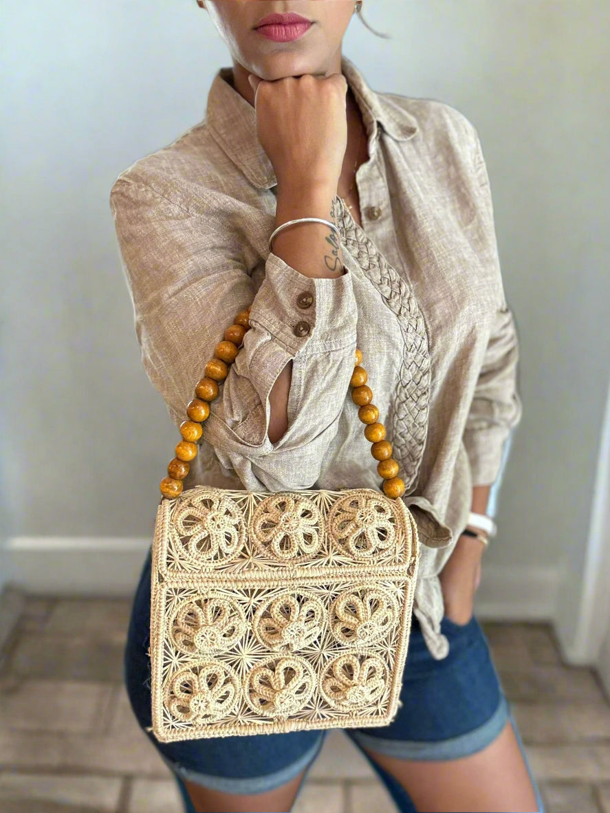 Wood Bead Palm Handbag